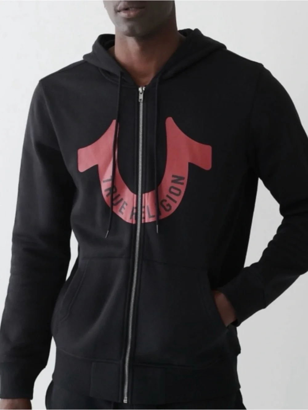 True Religion Mens Big Horseshoe TR Black Red Zip Hoodie Large 107182 *Flaw